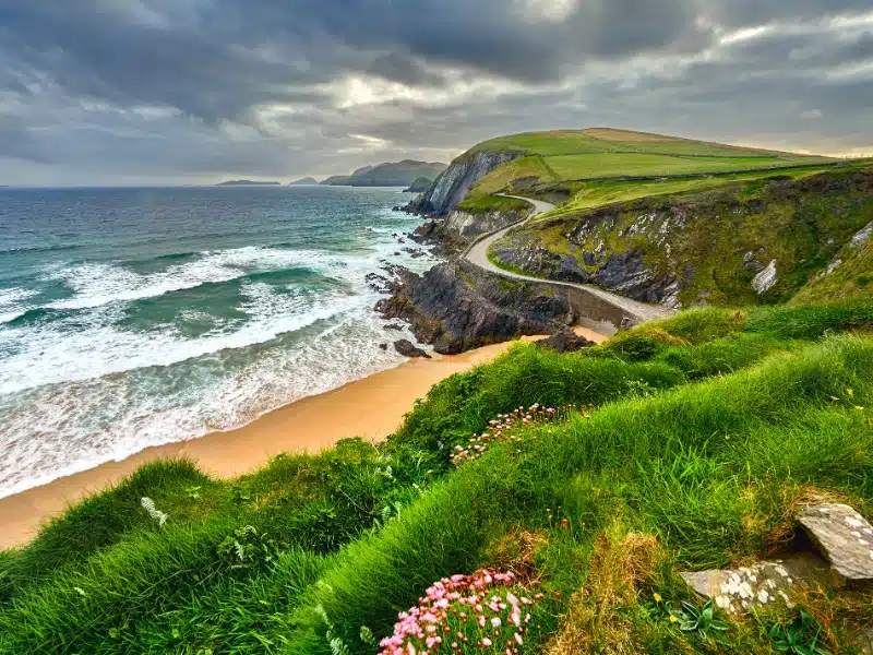 grassy cliffs above a sandy beach and rolling sea